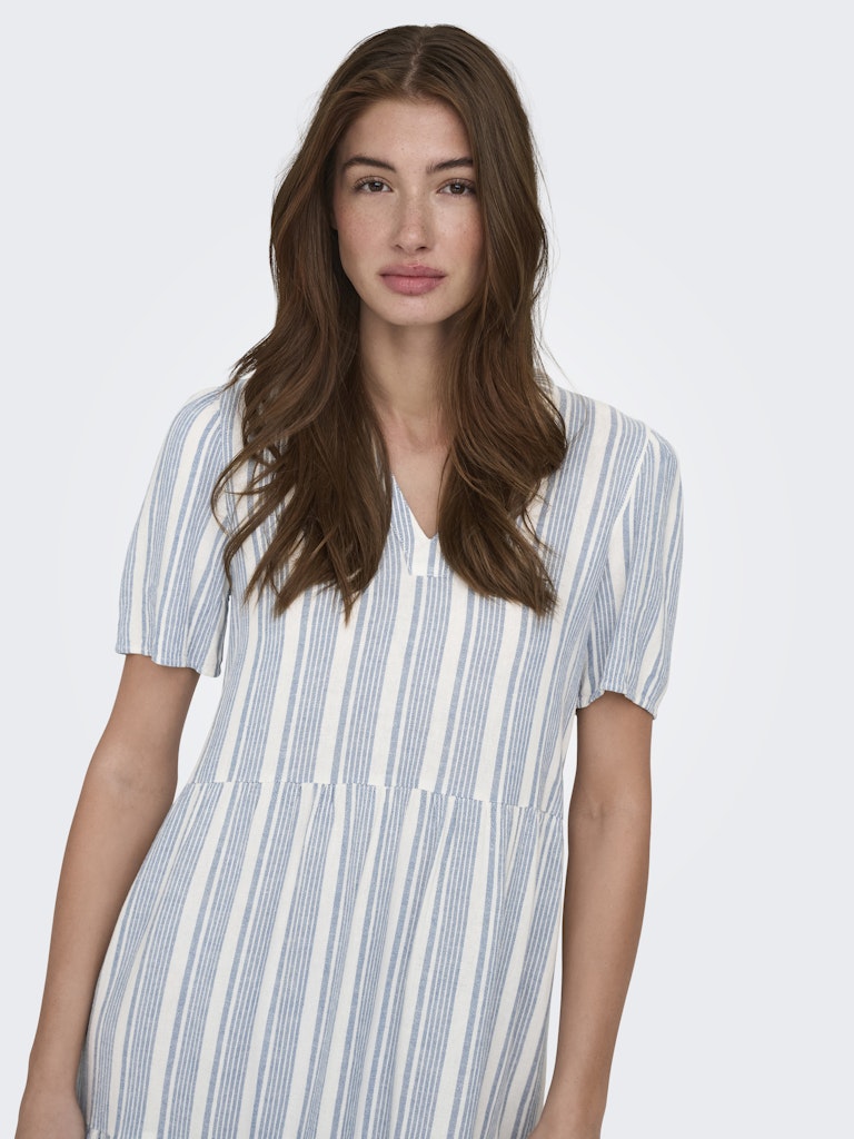 Only naisten mekko ONLTiri-Goa SS V-Neck Lin Dress, raidallinen sininen
