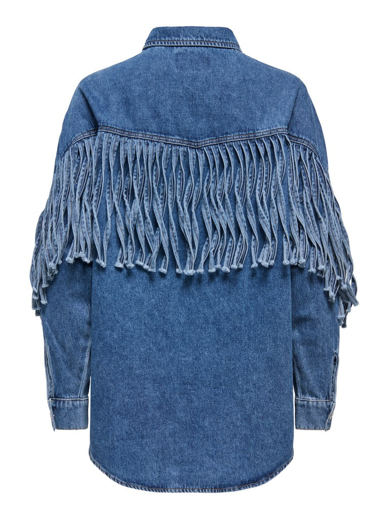 Only naisten farkkutakki Maureen LS Fringe Denim, Sininen, indigo, sininen indigonsävyinen farkkutakki takaa, pitkät hapsut ja pitkähihainen suora leikkaus