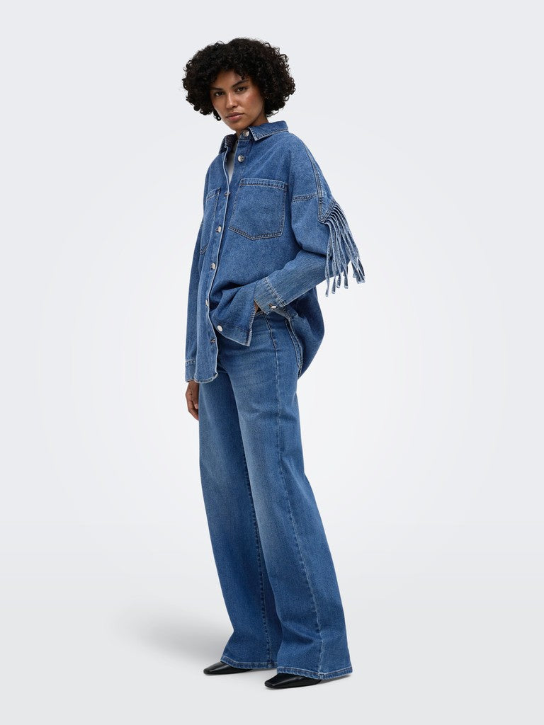 Only naisten farkkutakki Maureen LS Fringe Denim, Sininen, indigo, sininen farkkutakki hapsuilla, suora leikkaus ja pitkät hihat
