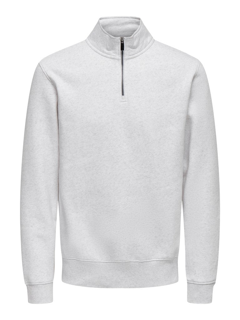 Only and Sons miesten collegepaita Ceres Half Zip, Super Light Grey Melange