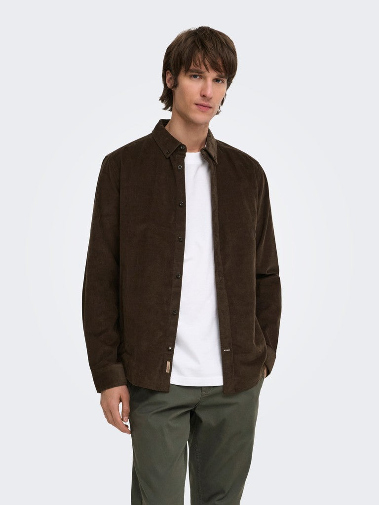 Only and Sons miesten kauluspaita Michael 18w Reg Cord Stretch Ls, Demitasse
