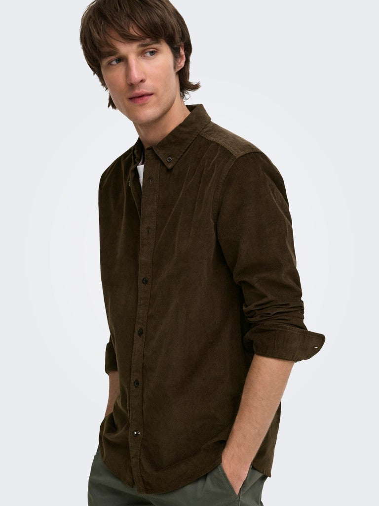 Only and Sons miesten kauluspaita Michael 18w Reg Cord Stretch Ls, Demitasse