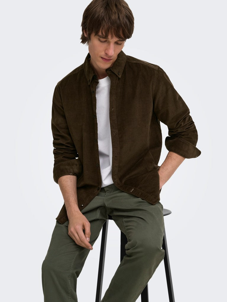 Only and Sons miesten kauluspaita Michael 18w Reg Cord Stretch Ls, Demitasse