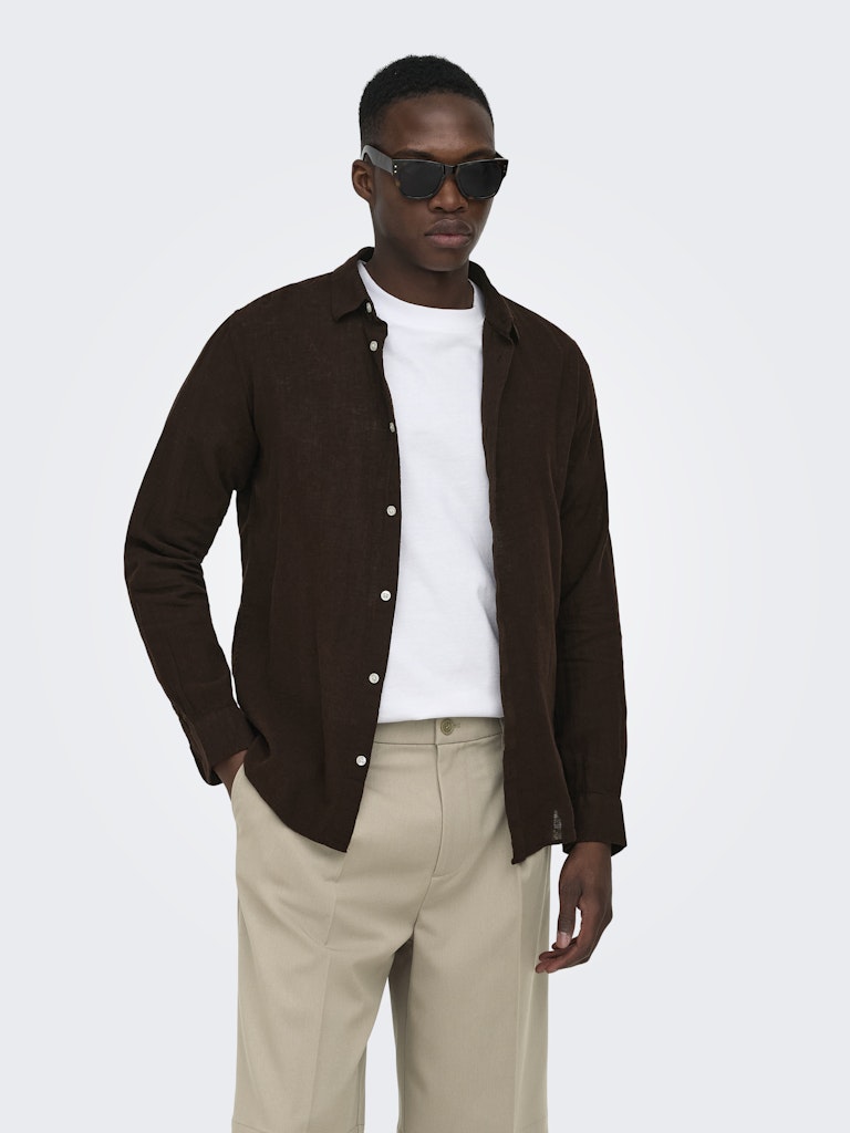 Only and Sons miesten kauluspaita ONSCaiden Life LS Solid Linen Blend H, Coffee Bean