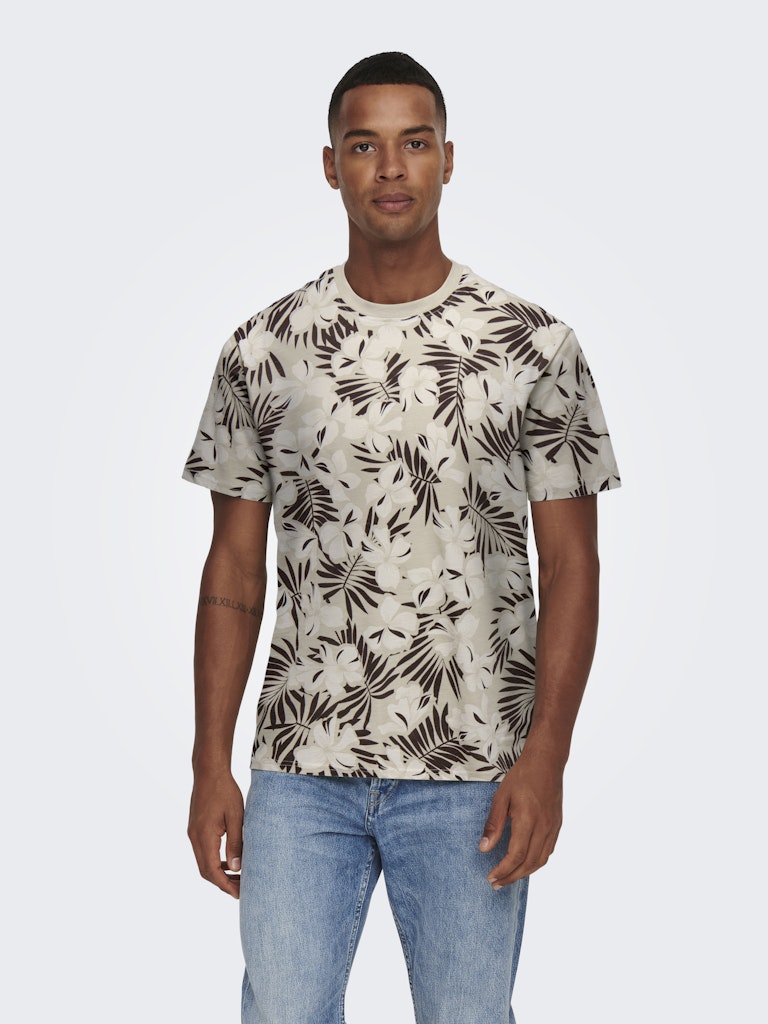 Only and Sons miesten t-paita OnsPerry Life Reg Leaf Aop SS Tee, Silver Lining + Coffee
