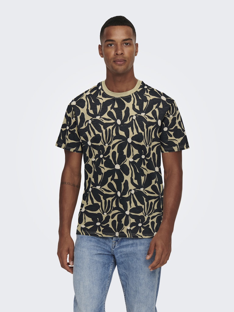 Only and Sons miesten t-paita ONSPerry Life Reg Leaf AOP SS Tee H, Silver Lining JET BL