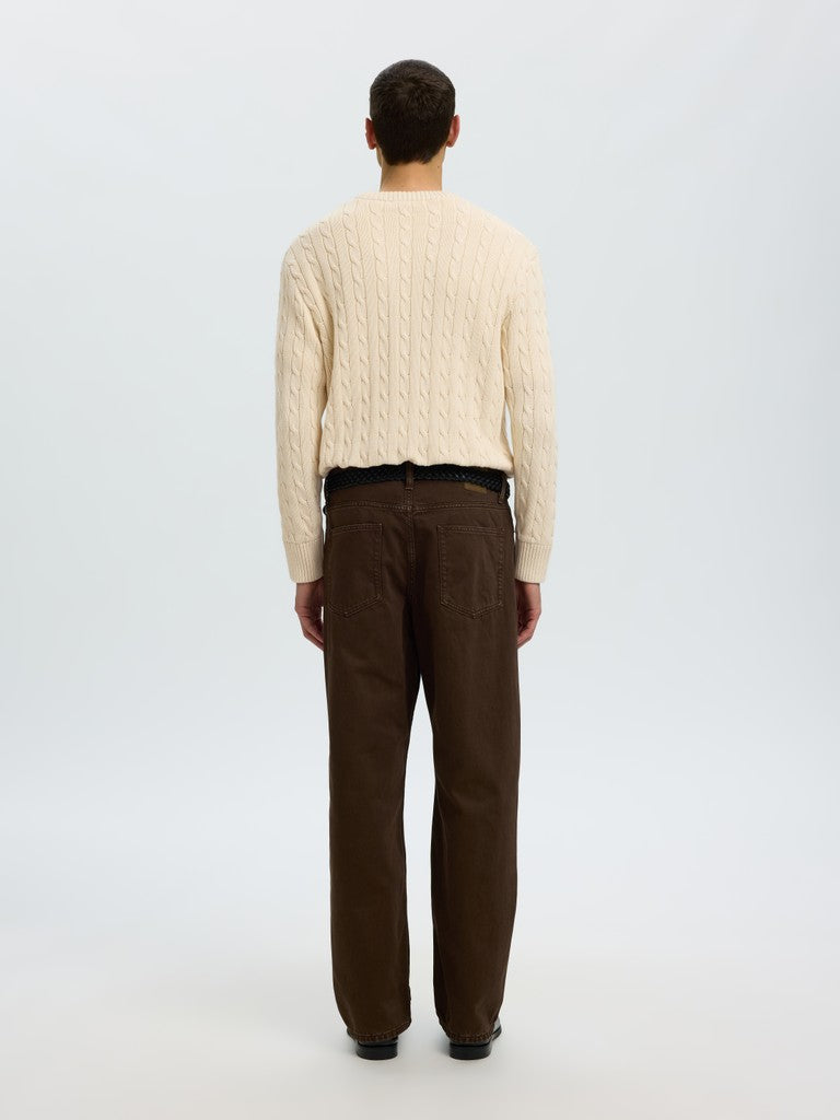 Selected miesten neulepusero Braun Knit Cable Crew, Birch