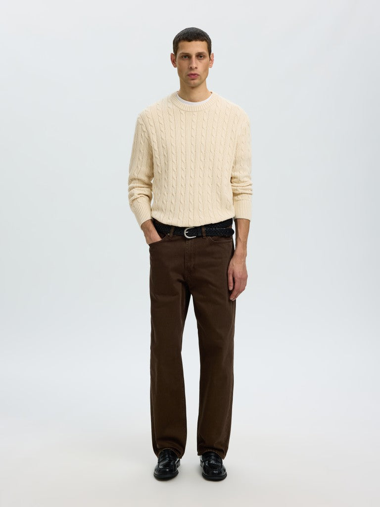 Selected miesten neulepusero Braun Knit Cable Crew, Birch