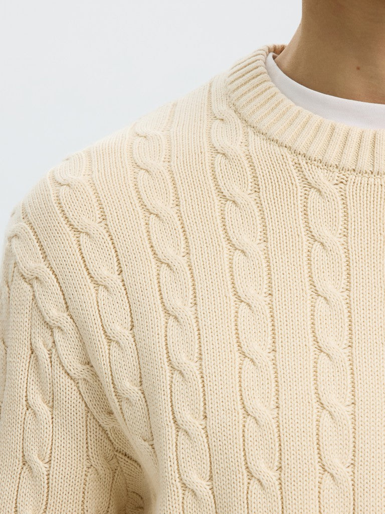 Selected miesten neulepusero Braun Knit Cable Crew, Birch