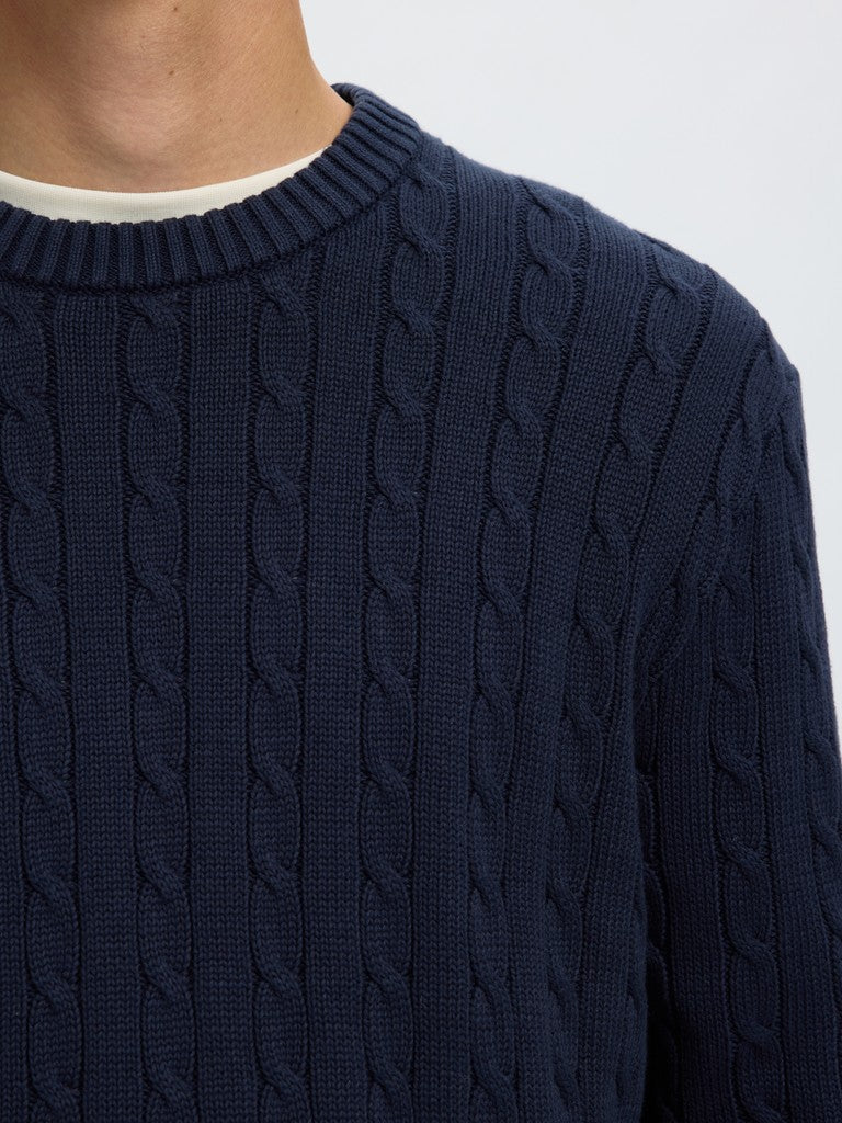 Selected miesten neulepusero Braun Knit Cable Crew, Navy Blazer