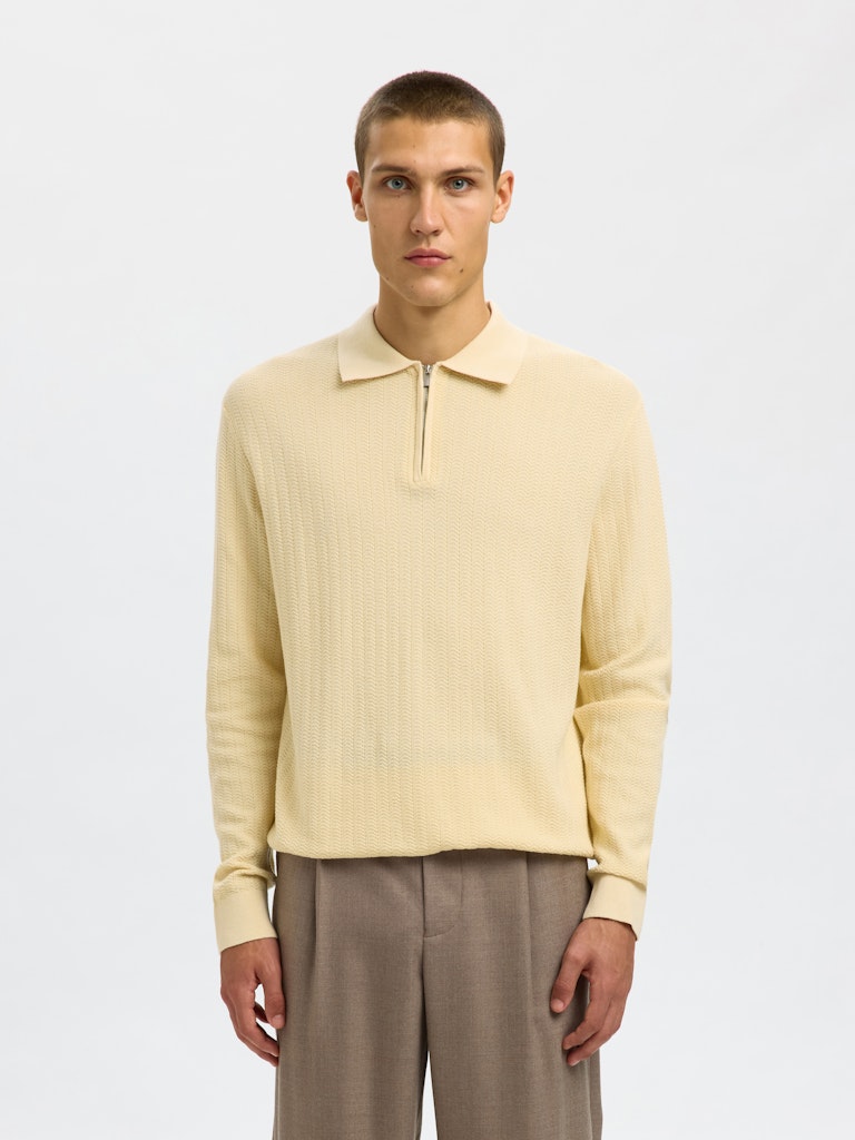 Selected miesten neulepusero SLHCRAN LS Knit Structure Half Zip Polo, Angora
