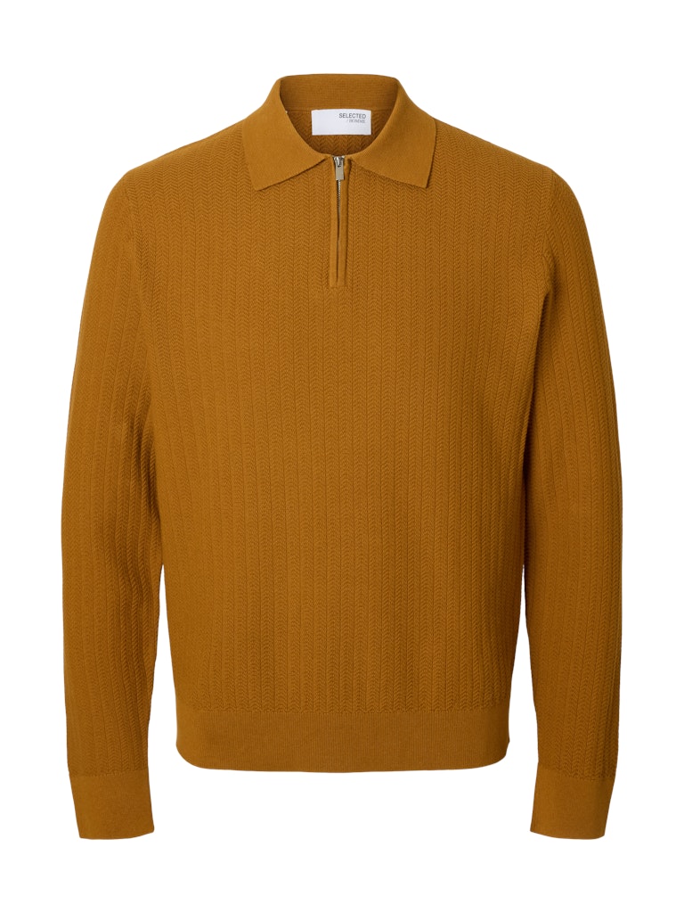 Selected miesten neulepusero SLHCRAN LS Knit Structure Half Zip Polo, Golden Brown