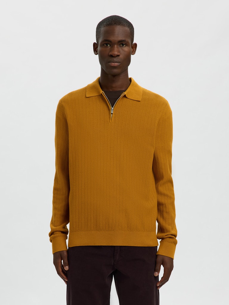 Selected miesten neulepusero SLHCRAN LS Knit Structure Half Zip Polo, Golden Brown