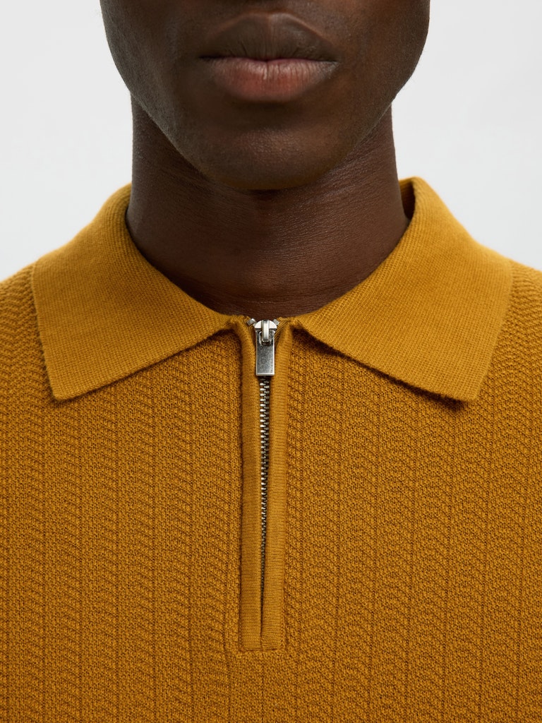 Selected miesten neulepusero SLHCRAN LS Knit Structure Half Zip Polo, Golden Brown