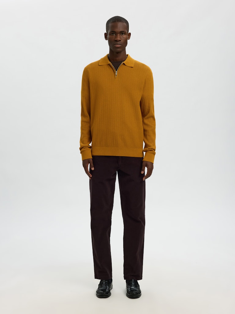 Selected miesten neulepusero SLHCRAN LS Knit Structure Half Zip Polo, Golden Brown