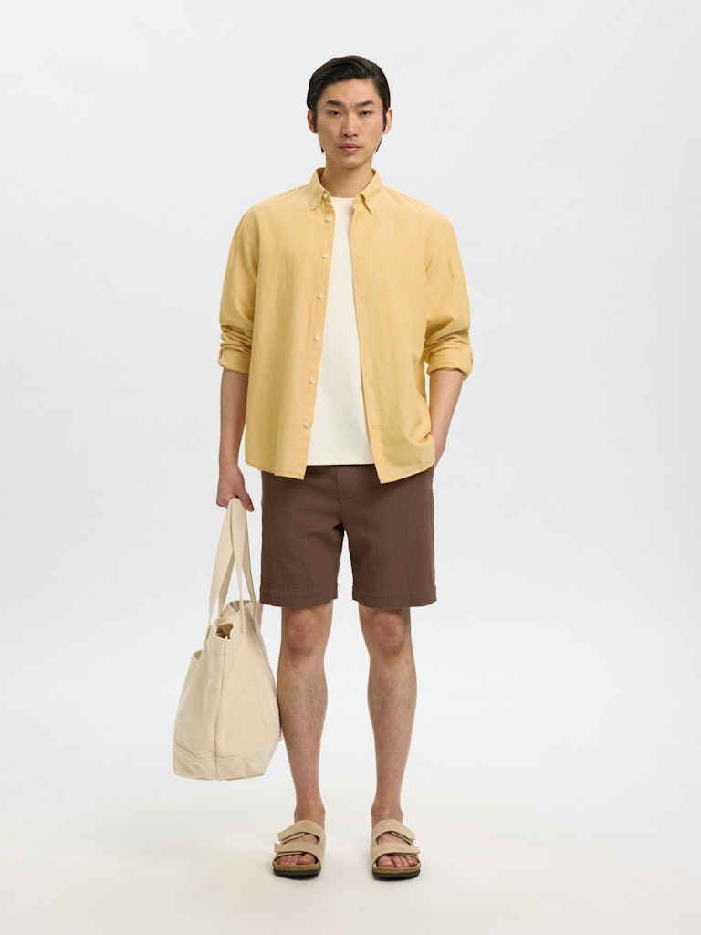 Selected miesten kauluspaita SlhRegClay Linenblend, Ochre w. White