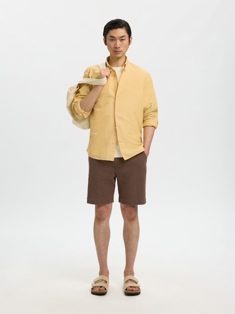 Selected miesten kauluspaita SlhRegClay Linenblend, Ochre w. White