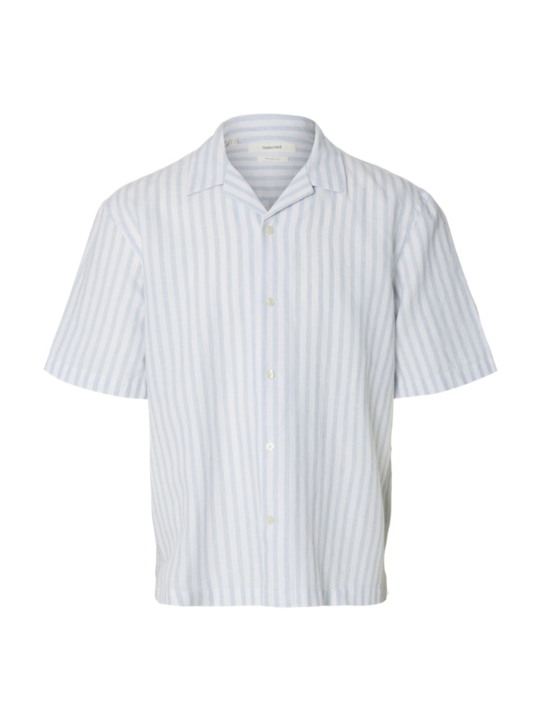 Selected miesten kauluspaita Resort Linen Blend SS Shirt K, Dusty Blue Wide White