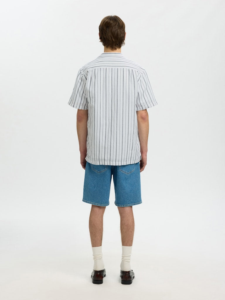 Selected miesten kauluspaita Resort Linen Blend SS Shirt K, Bright White Balsam Green