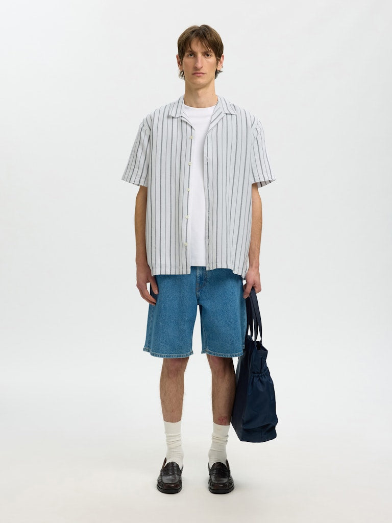 Selected miesten kauluspaita Resort Linen Blend SS Shirt K, Bright White Balsam Green