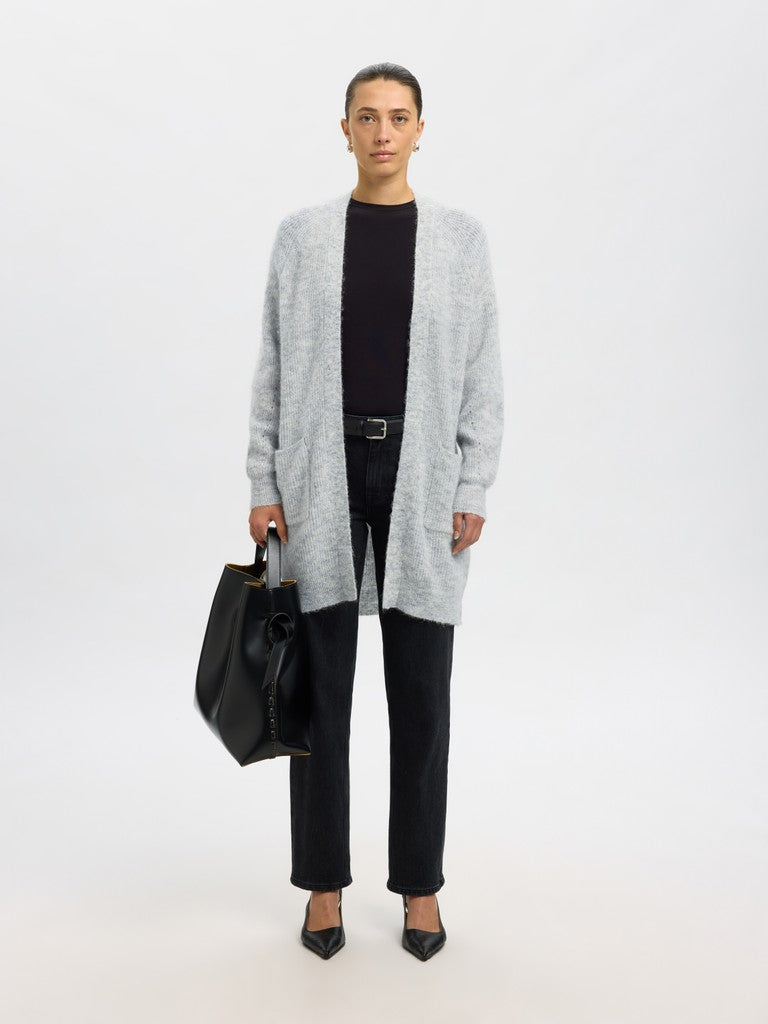 Selected Femme naisten neuletakki Lulu New Ls Knit Long Cardigan, Light Grey Melange, vaaleanharmaa meleerattu pitkä avoin neuletakki, pitkät hihat ja pehmeä tekstuuri
