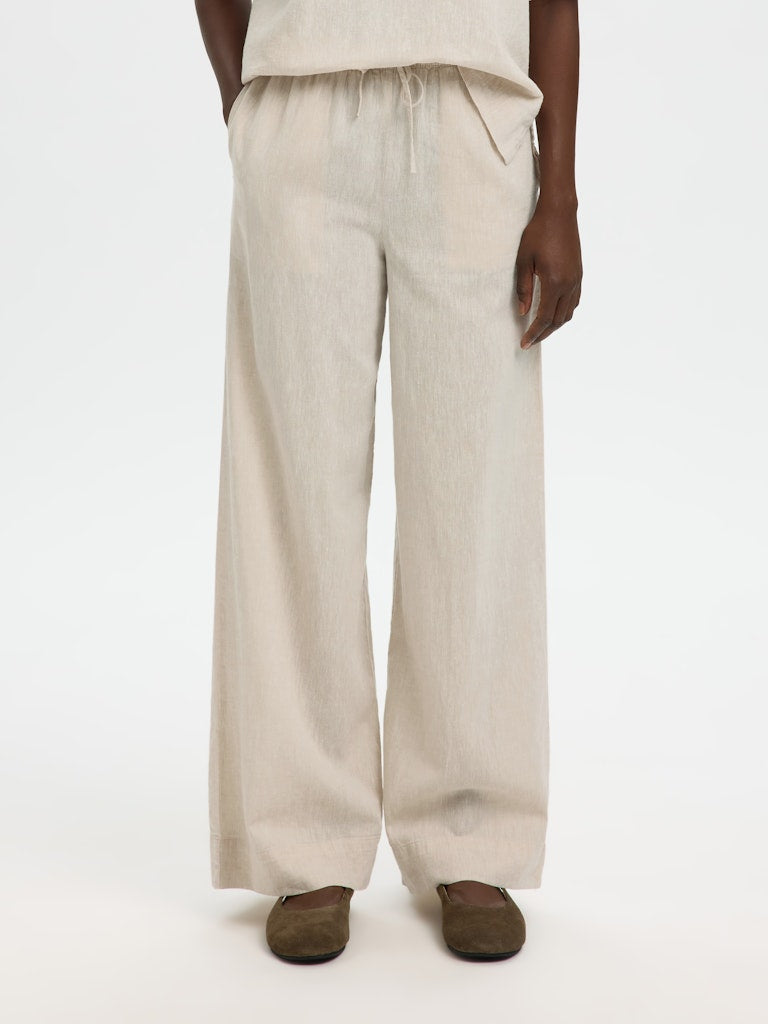 Selected Femme naisten housut SLFLuisa MW Wide Linen Bledn Pant Noos, Sandshell