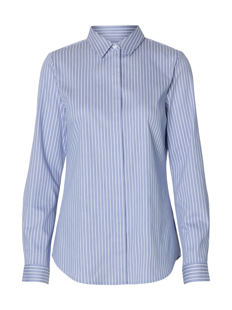Selected Femme naisten paitapusero SLFROMIE LS STRIPED FITTED SHIRT NOOS, Dusty Blue Bright White