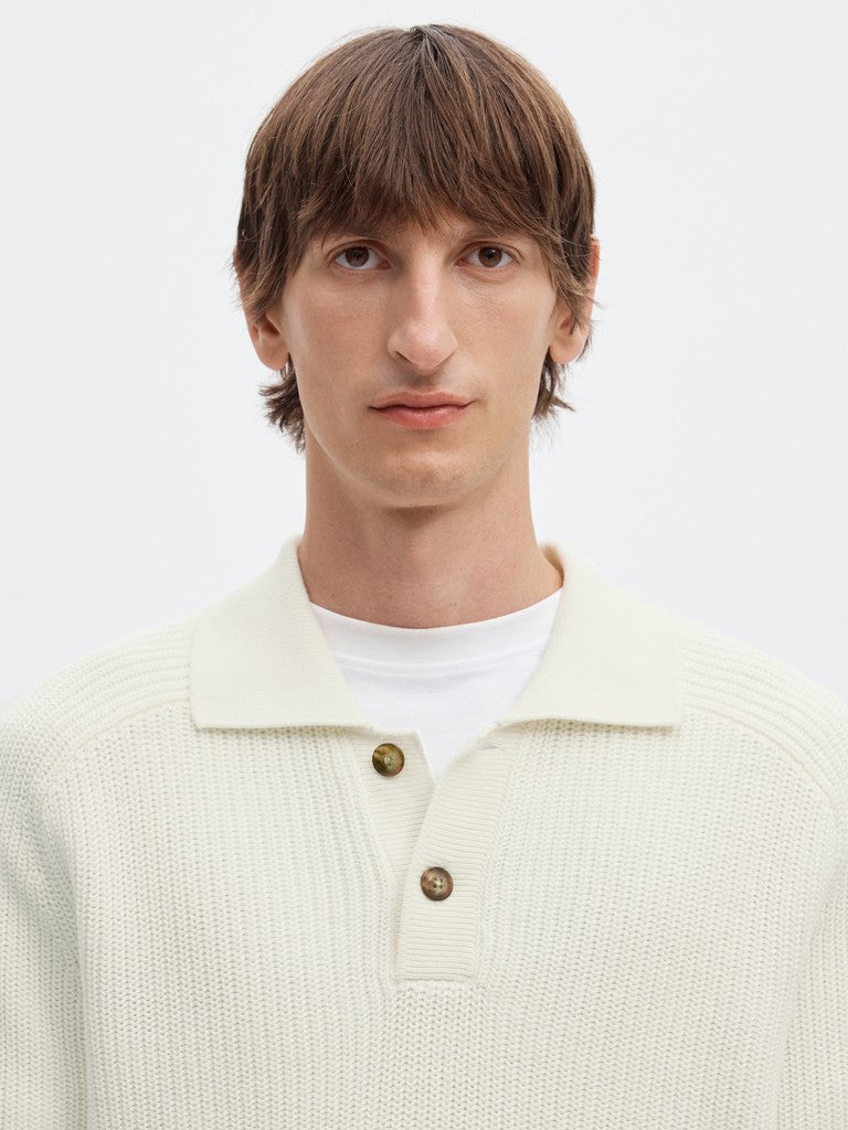 Selected Men miesten neulepusero Pim Ls Knit Polo Camp, Egret