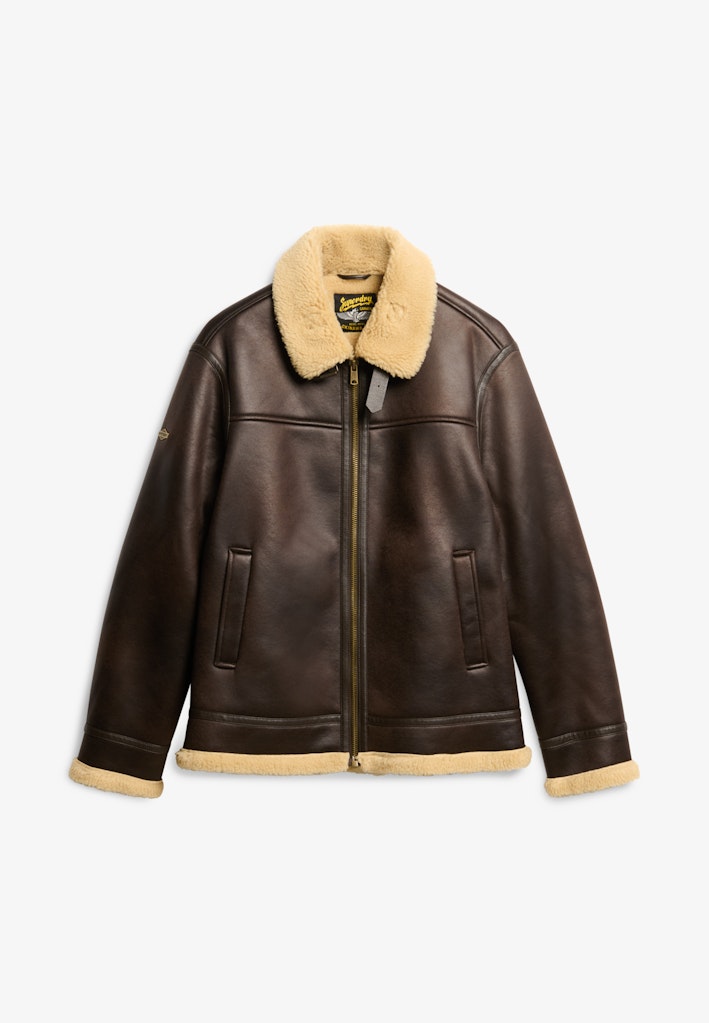 Superdry miesten nahkatakki Faux Shearling Aviator Jacket, tummanruskea