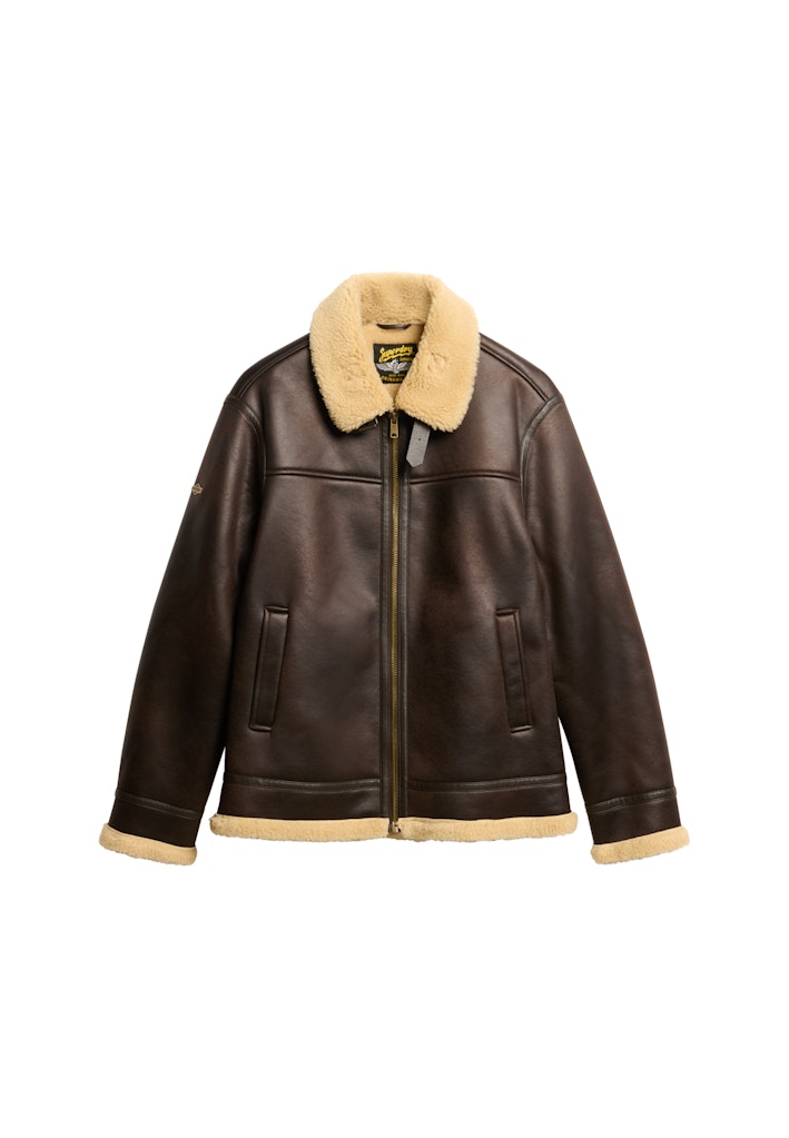 Superdry miesten nahkatakki Faux Shearling Aviator Jacket, tummanruskea