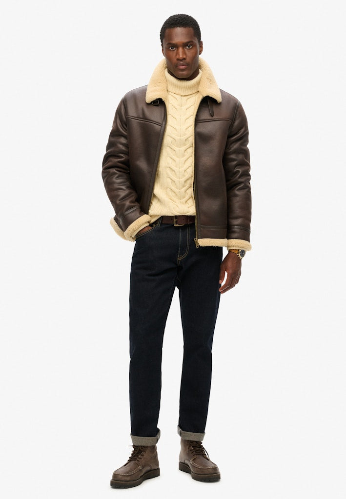 Superdry miesten nahkatakki Faux Shearling Aviator Jacket, tummanruskea