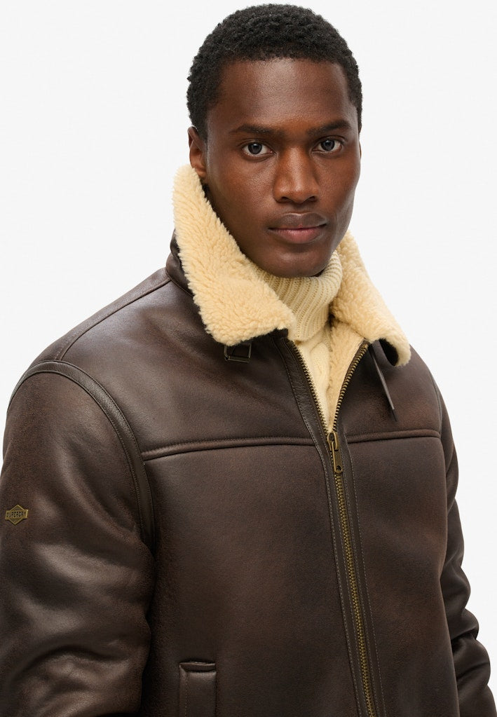Superdry miesten nahkatakki Faux Shearling Aviator Jacket, tummanruskea