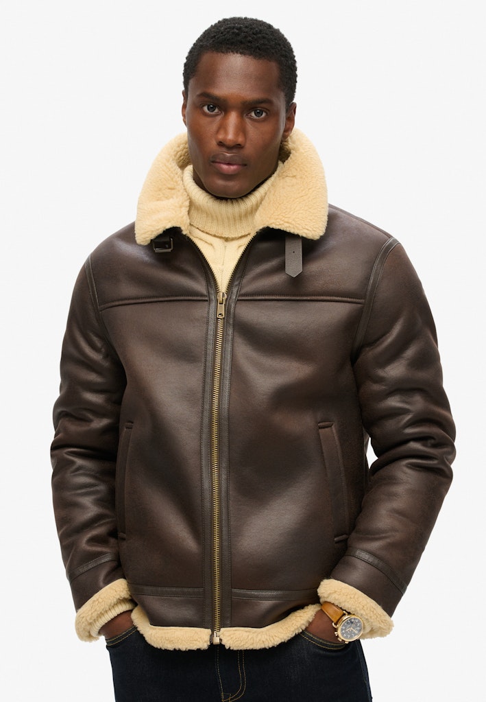 Superdry miesten nahkatakki Faux Shearling Aviator Jacket, tummanruskea