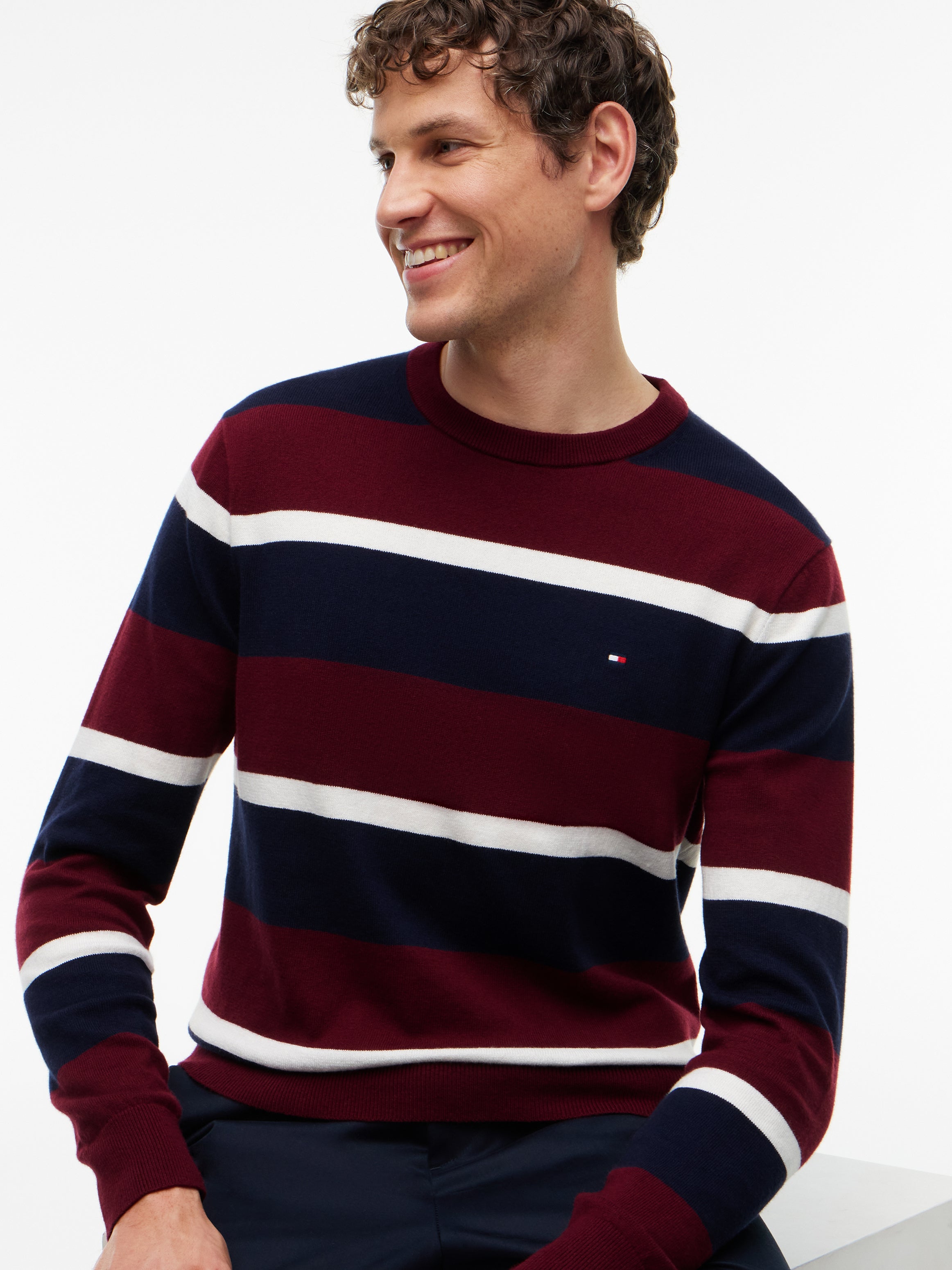 Tommy Hilfiger miesten neulepusero Crew Neck Jumper With Cashmere, viininpunainen raita
