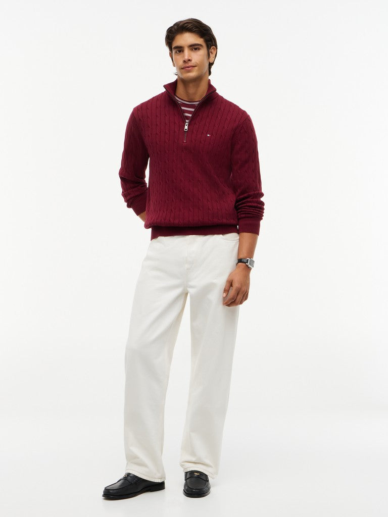 Tommy Hilfiger miesten neulepusero Classic Cotton Cable Zip Mock, viininpunainen