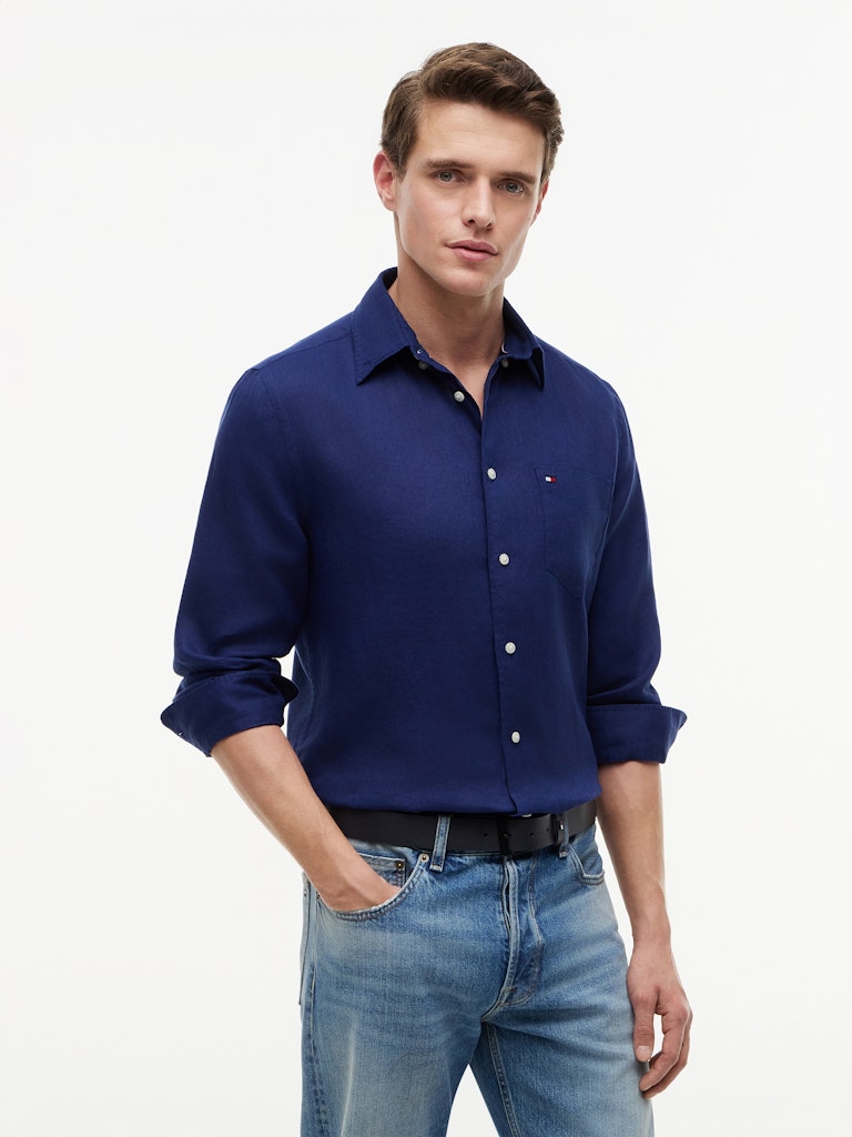 Tommy Hilfiger miesten kauluspaita Piece Dye Linen Shirt, tummansininen