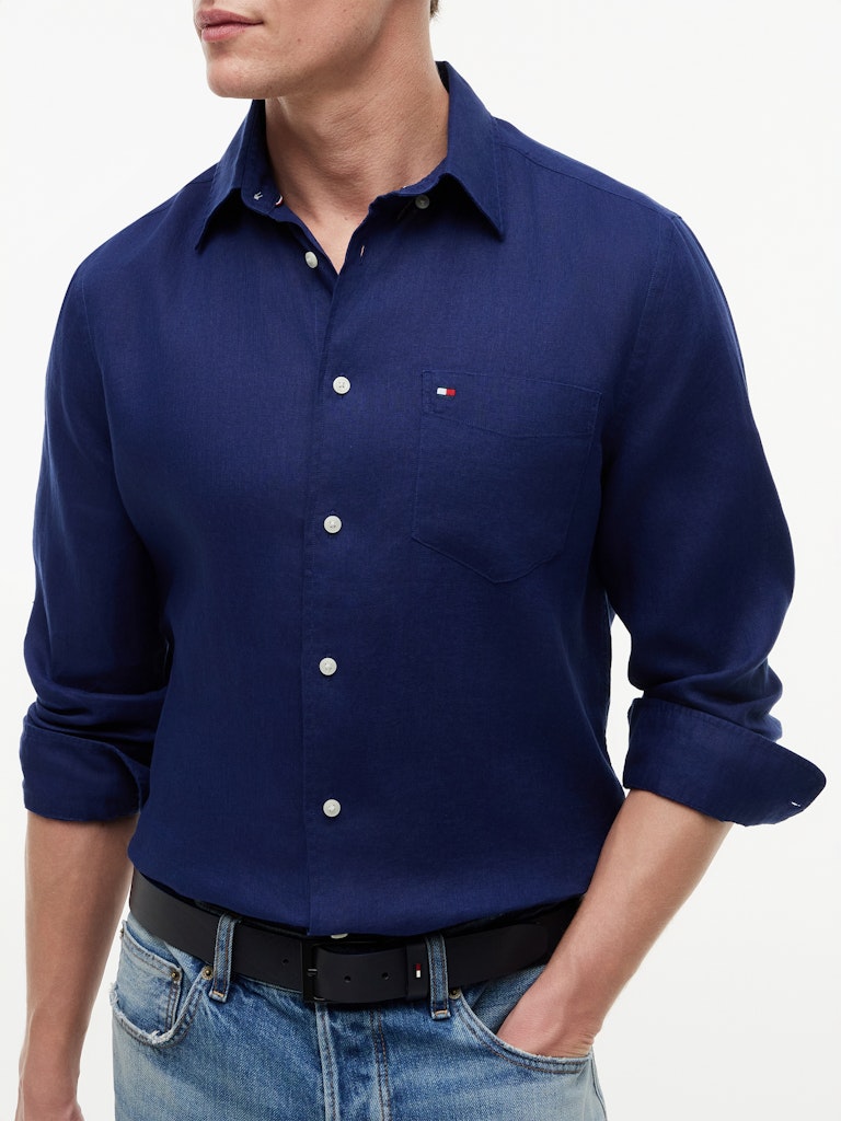 Tommy Hilfiger miesten kauluspaita Piece Dye Linen Shirt, tummansininen