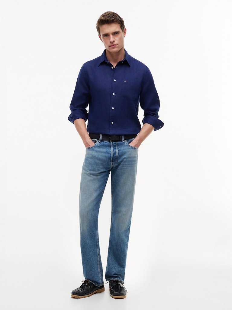 Tommy Hilfiger miesten kauluspaita Piece Dye Linen Shirt, tummansininen