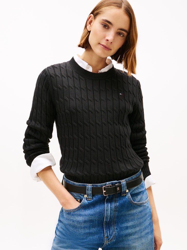 Tommy Hilfiger naisten neulepusero CO CABLE MID GG C-NK LS SWT, musta