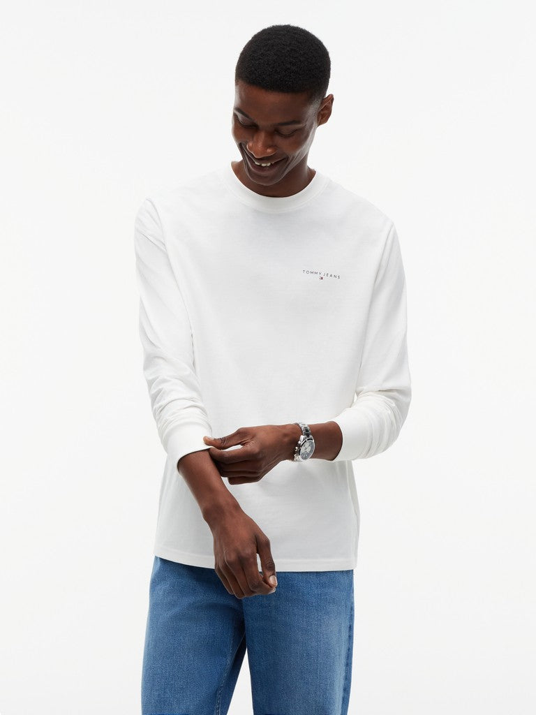 Tommy Jeans miesten pitkähihainen paita Slim Chest Linear LS Tee, luonnonvalkoinen