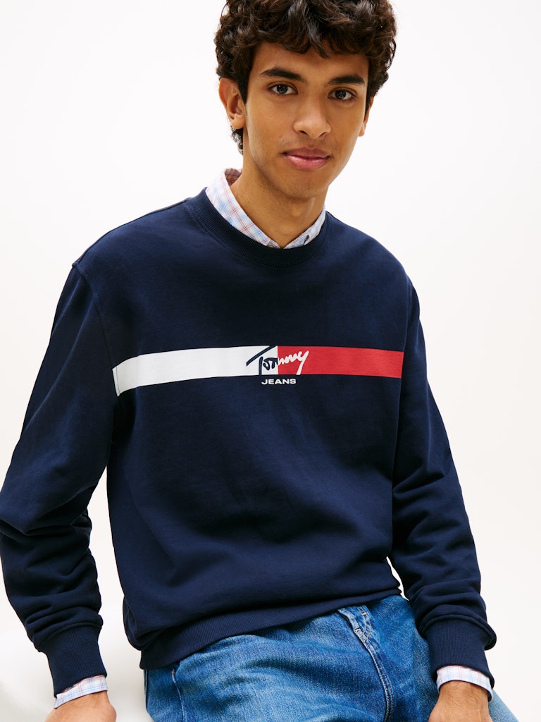 Tommy Jeans miesten collegepaita TJM Reg Sign Stripe Cnck EXT, tummansininen