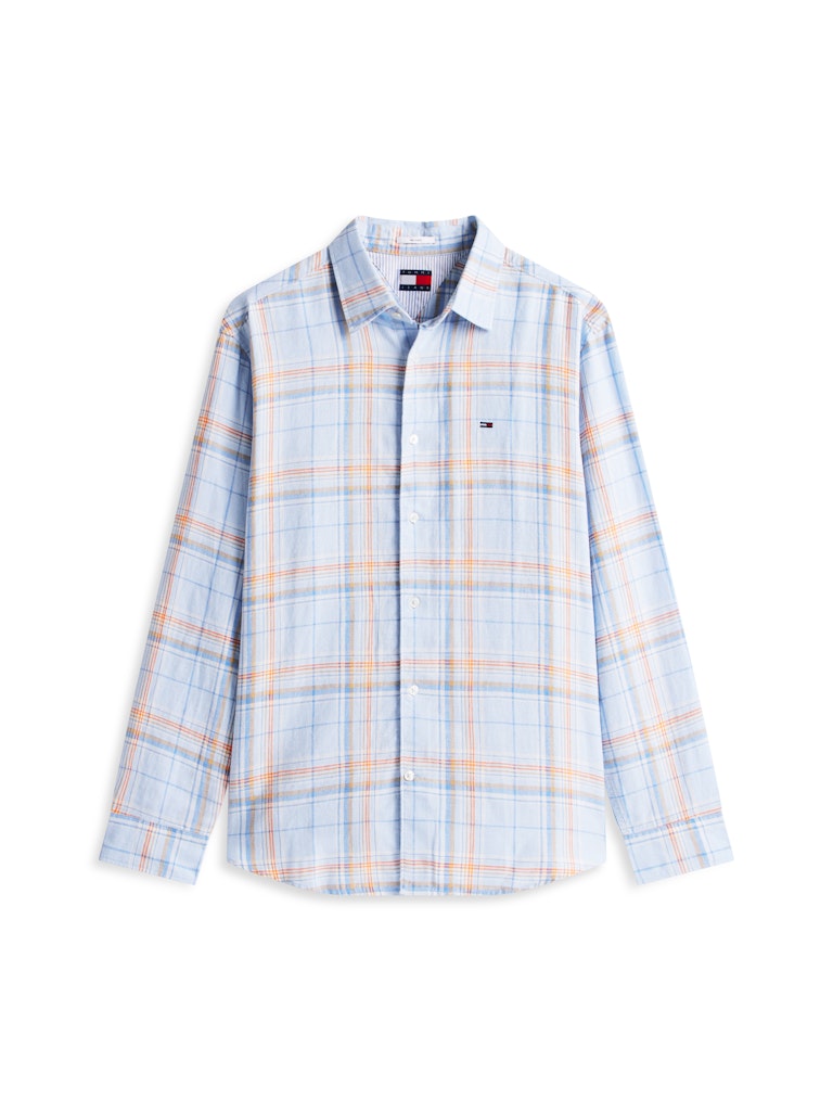 Tommy Jeans miesten kauluspaita Relaxed Fit Check Linen Blend Shirt, sininen kuosi