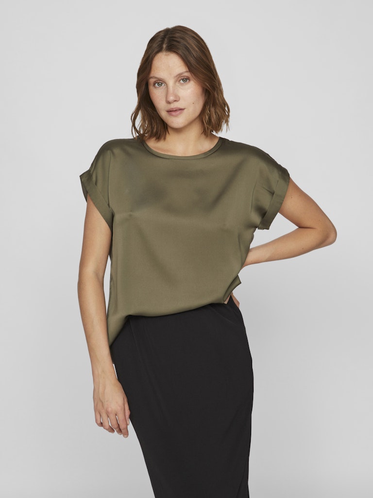 Vila naisten lyhythihainen toppi K-Viellette S/S Satin Top - NOOS, Dusty Olive