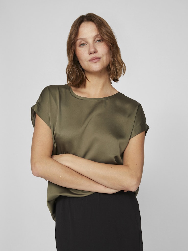 Vila naisten lyhythihainen toppi K-Viellette S/S Satin Top - NOOS, Dusty Olive