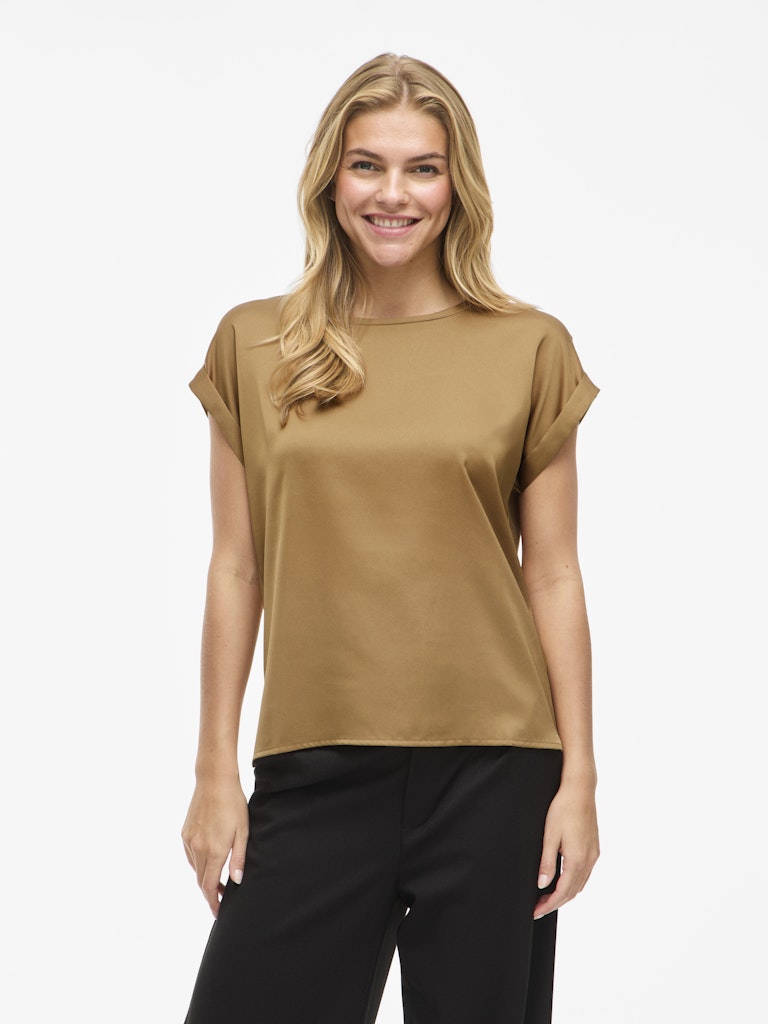 Vila naisten lyhythihainen toppi K-Viellette S/S Satin Top - NOOS, Bistre