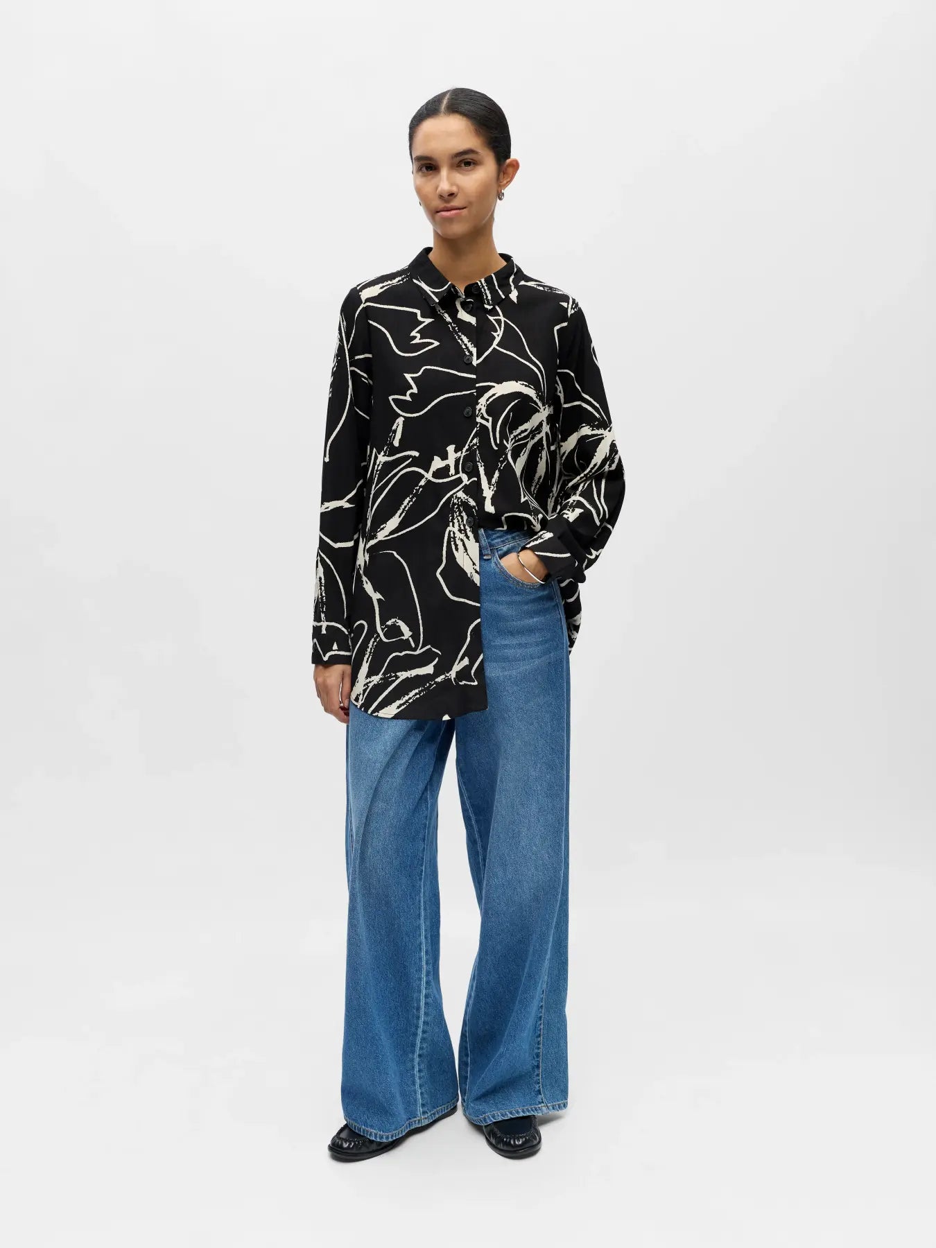 Object naisten paitapusero OBJSanne L/S Shirt, musta kuviollinen