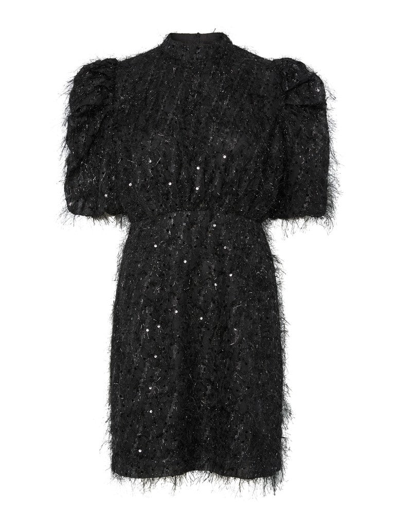 Y.A.S naisten Juhlamekot Yasilza Sequin Dress, musta, musta paljettipintainen juhlamekko, lyhyet puhvihihat ja suora leikkaus.