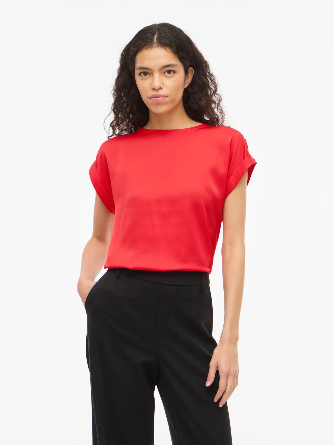 Vila naisten paita Viellette S/S Satin Top, Hibiscus