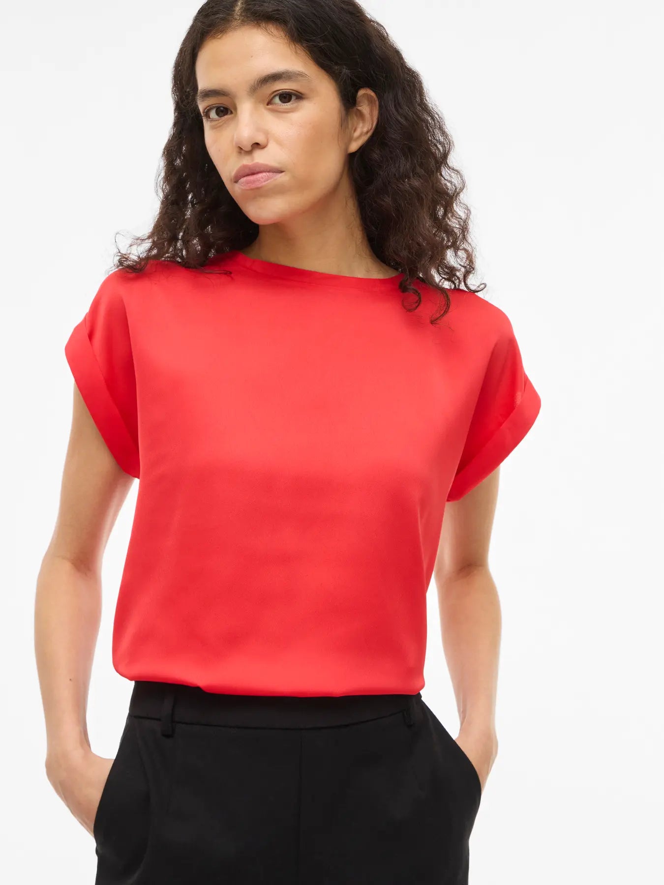 Vila naisten paita Viellette S/S Satin Top, Hibiscus