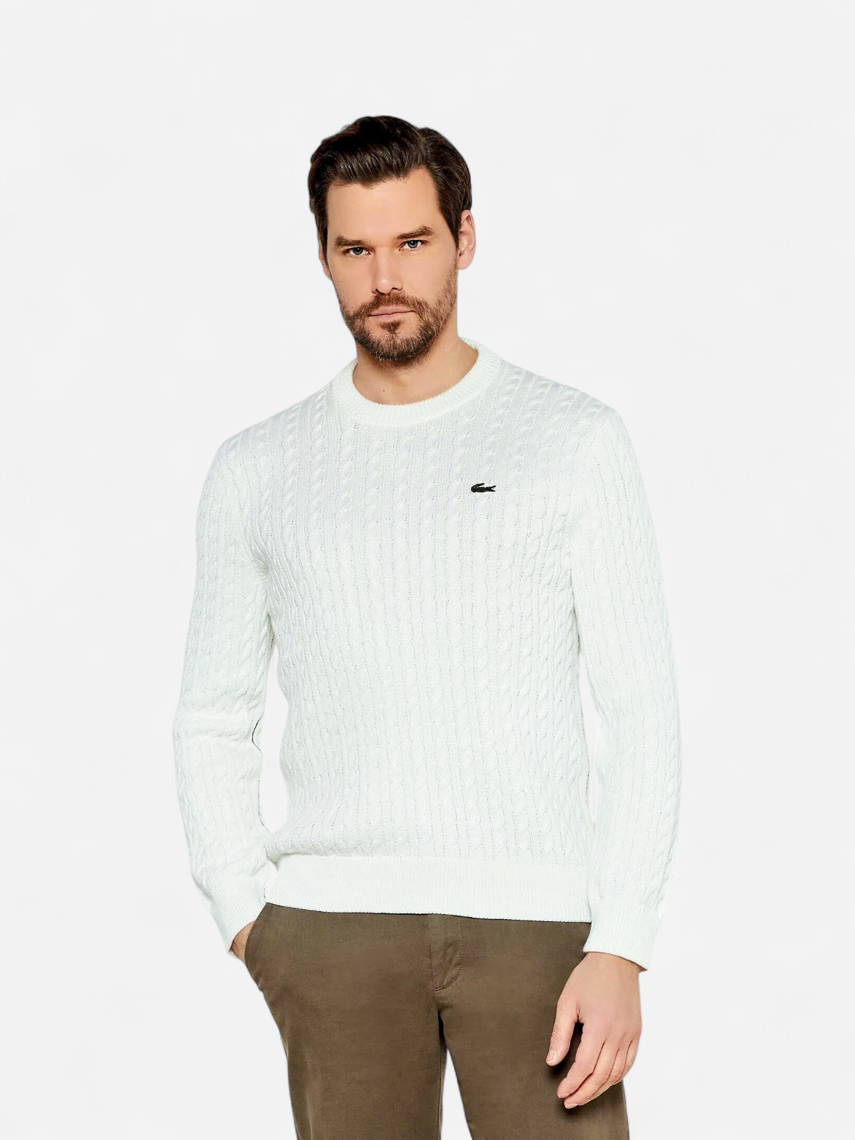Lacoste miesten neulepusero Cable Knit Cotton Sweater, valkoinen - Kekäle.fi